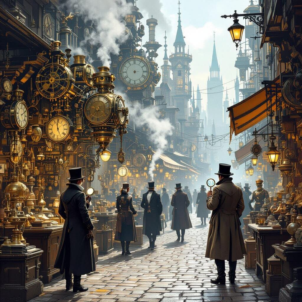 Victorian Clockwork City Marketplace with Detective