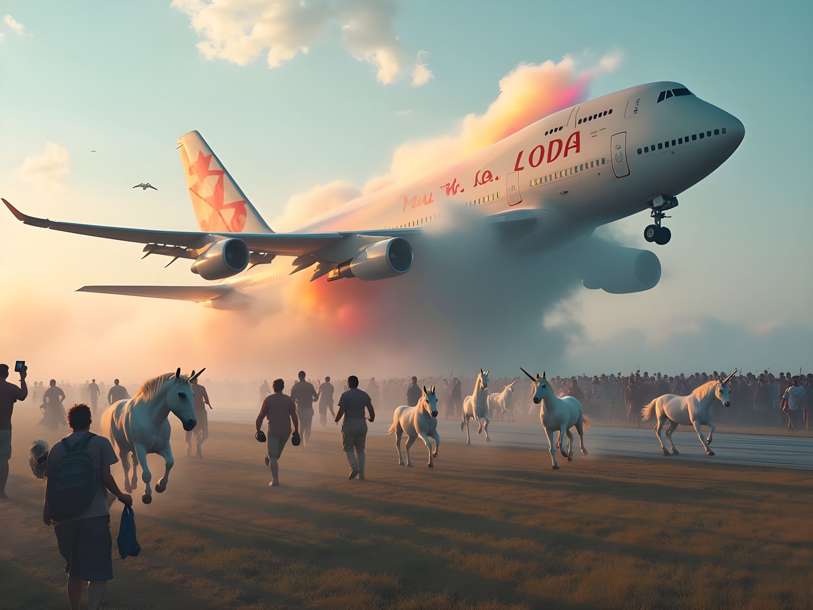 A super sized double decker 797 Jumbo Jet spewing rainbow sm...