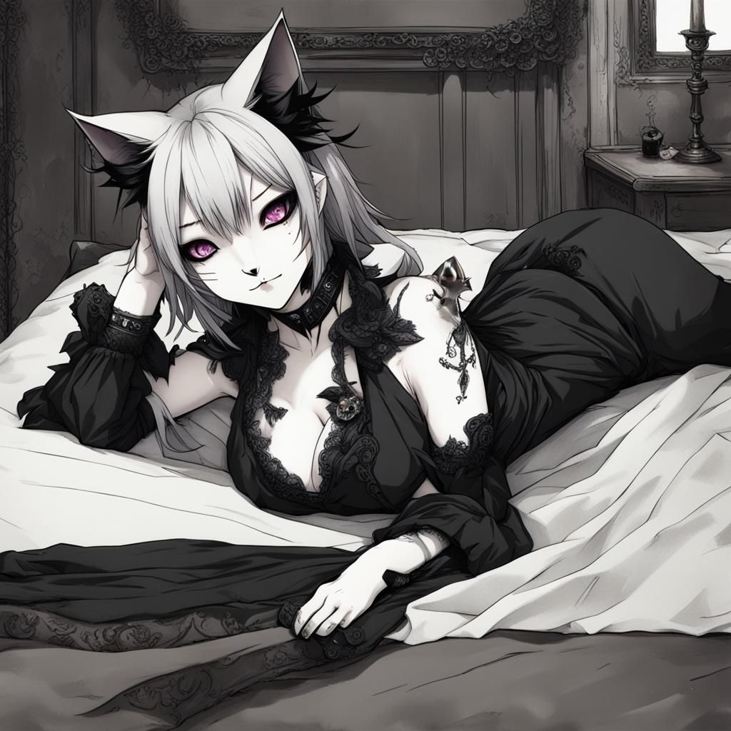 Gothic Cat-Girl Lying on Bed