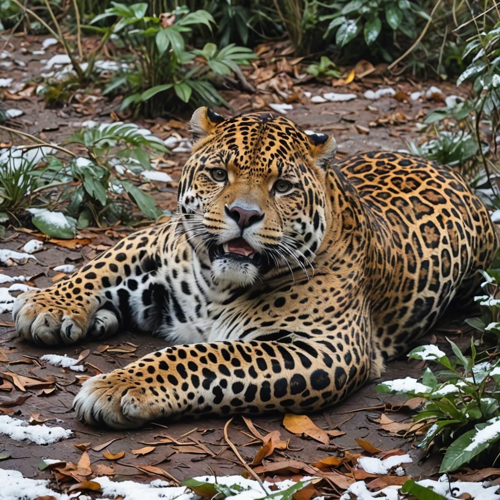 Chubby Jaguar Relaxing in Winter Snow