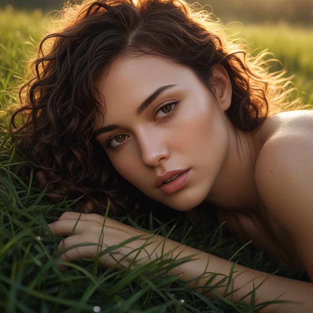 Sensual Digital Painting of Woman in Dewy Grass at Sunrise