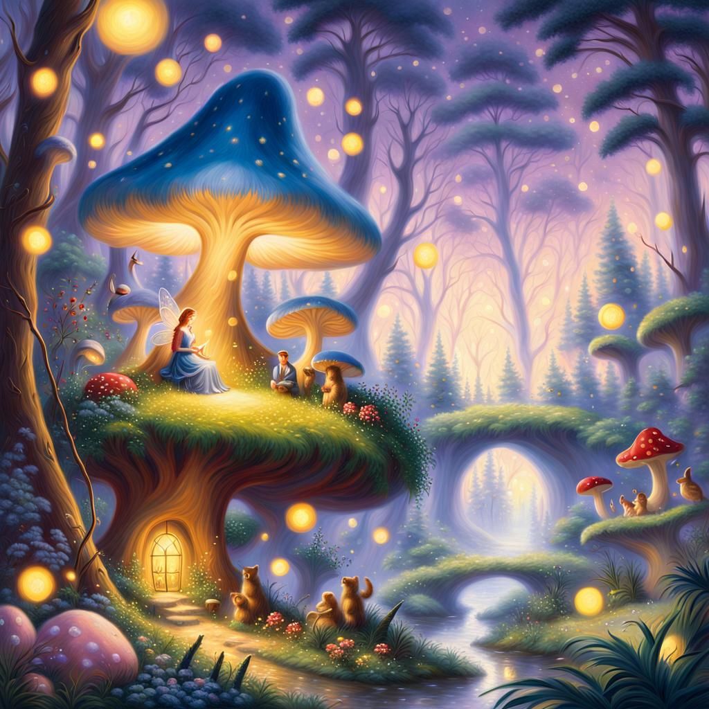 Whimsical Fantasy Scene in Golden Light