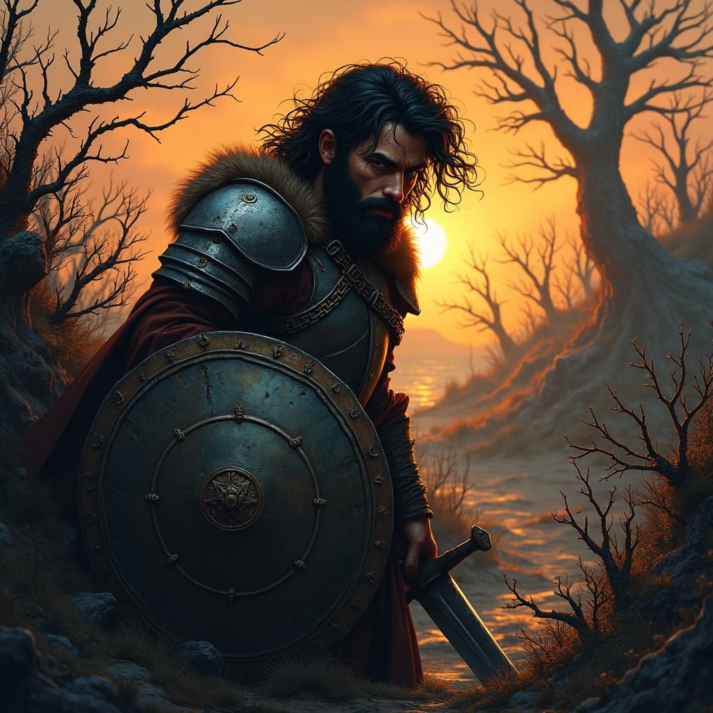 Paladin in Dark Fantasy Landscape, Gritty Realism