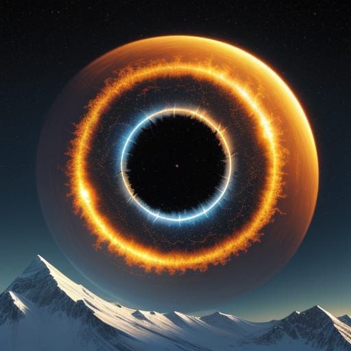 Zenith sun, mandelbrot, fractal, oil, cinematic, snow capped mountain range,