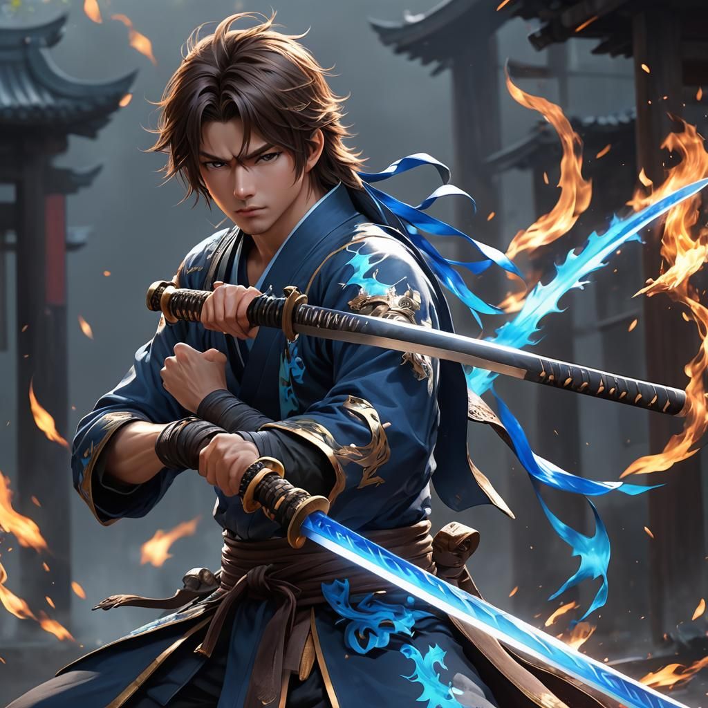 Anime Swordsman with Blue Flame Katana in 3D