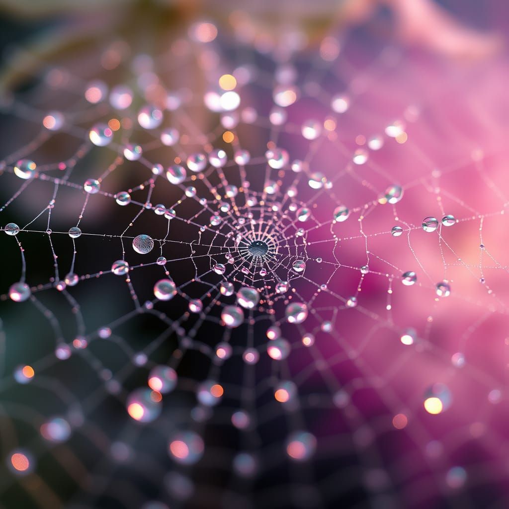 A close-up shot of an intricate, delicate spider web glistening with morning dew. The spider web is enveloped by a soft,...