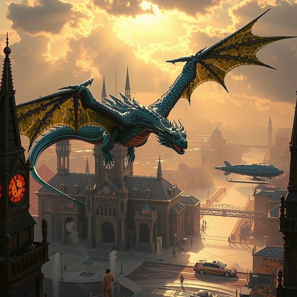 Epic Steampunk Dragon Soars Through City Skies in Hyperreali...