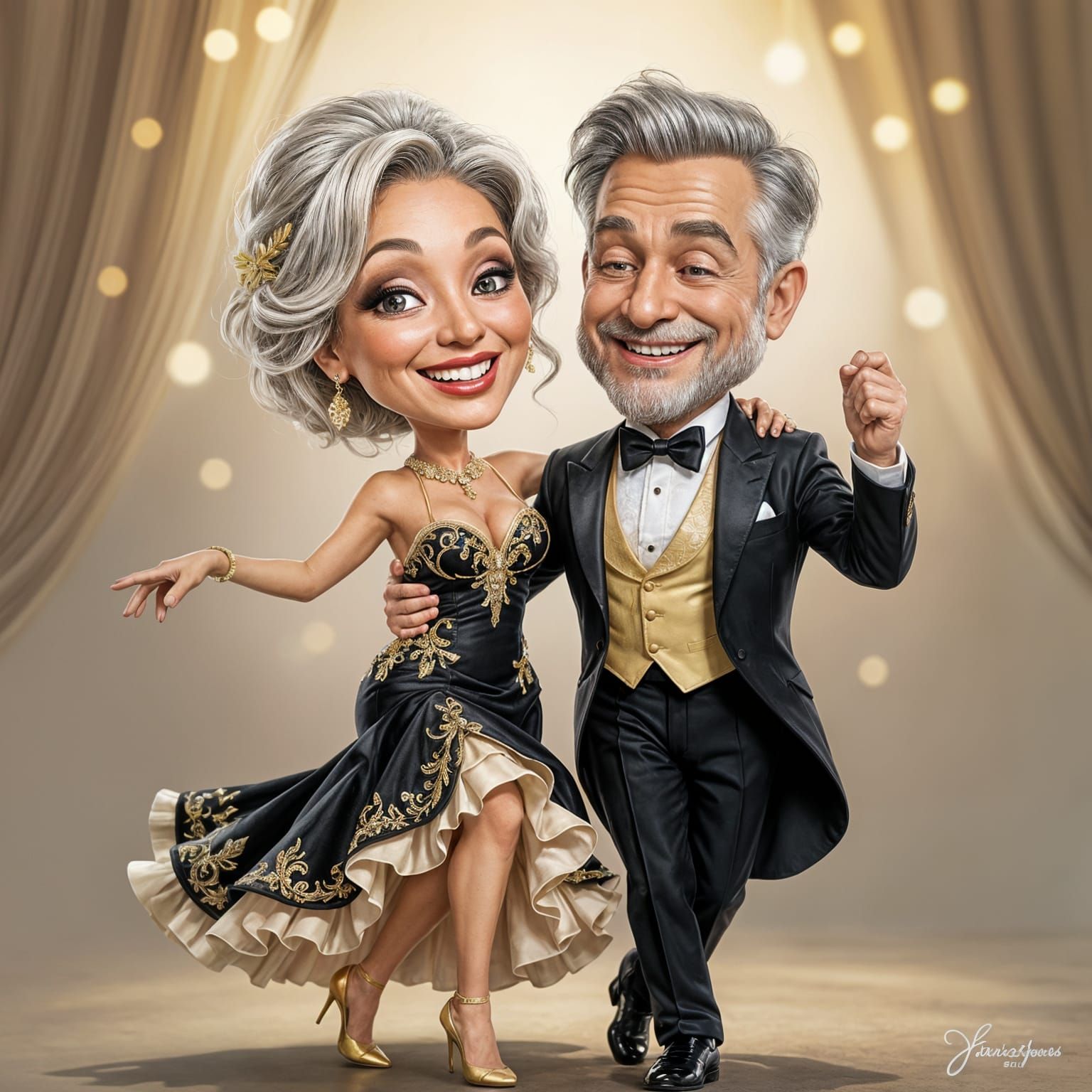 Joyful Couple Dancing Elegantly in Whimsical Caricature