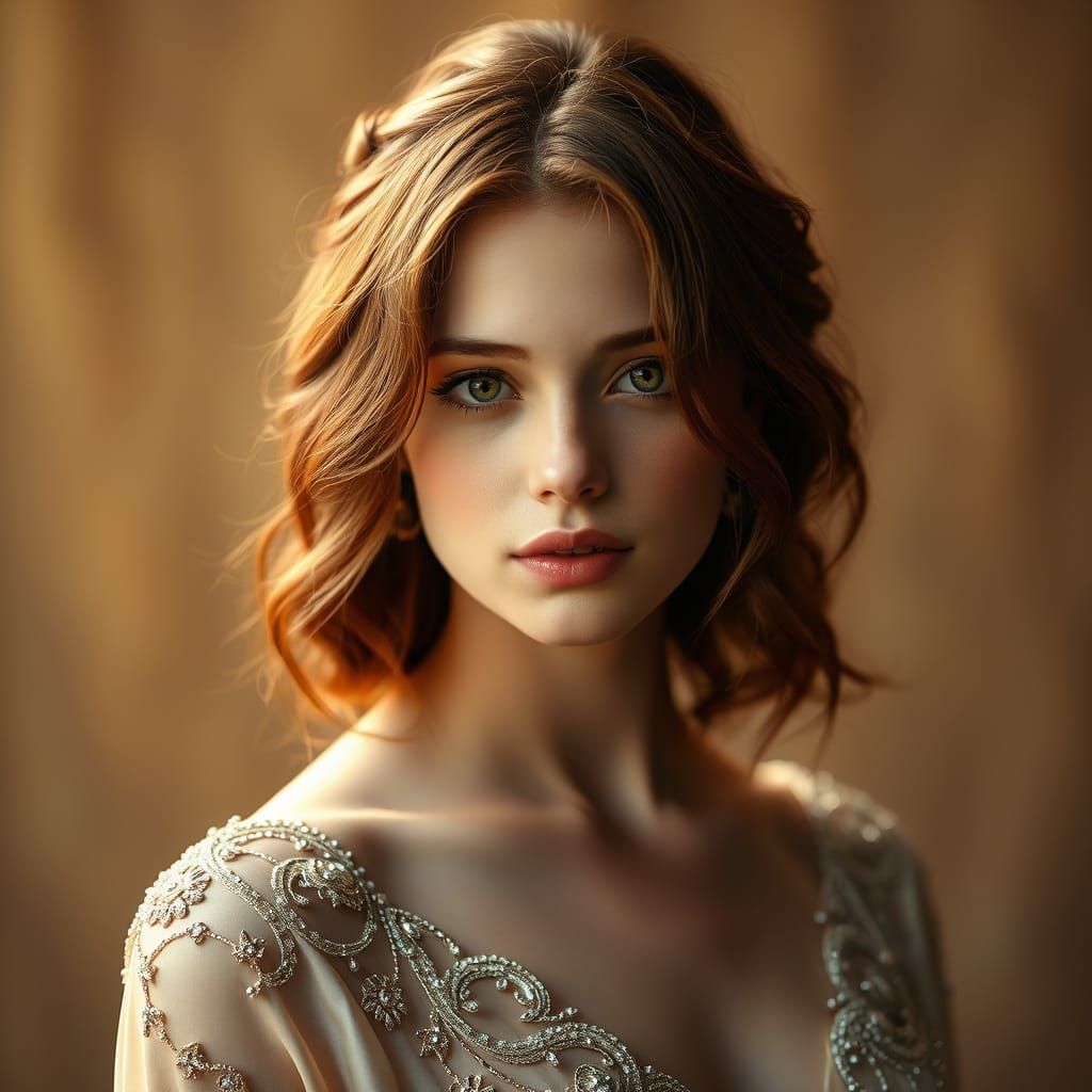 Elegant Woman in Beaded Silk Gown