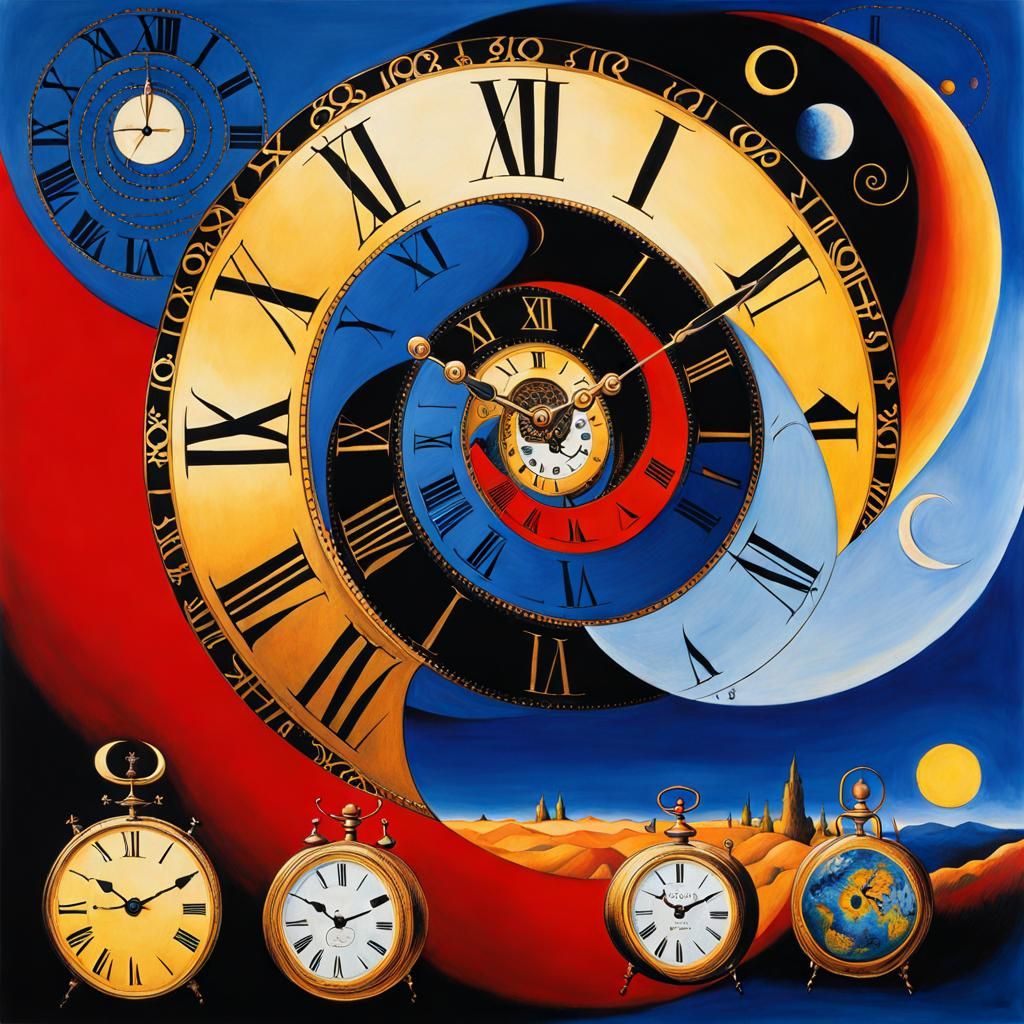 Salvatore Dali Spiraling clocks surrealism Van Gogh spiral golden ratio Stippling texture Clocks Infinite infinity Stipp...