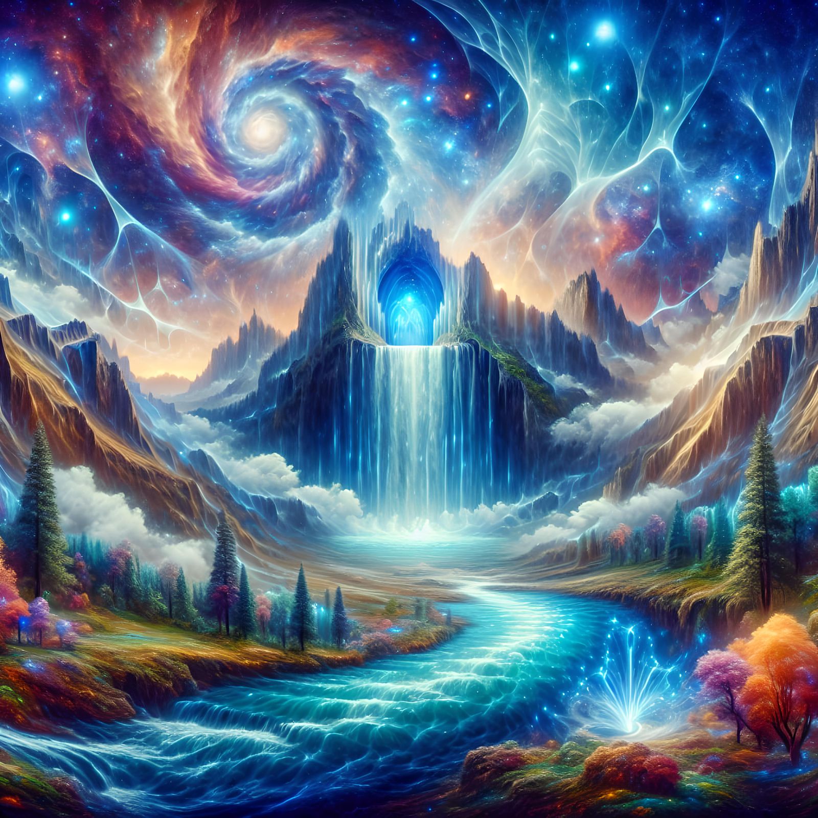 Epic Waterfall and Cave in Holographic Style