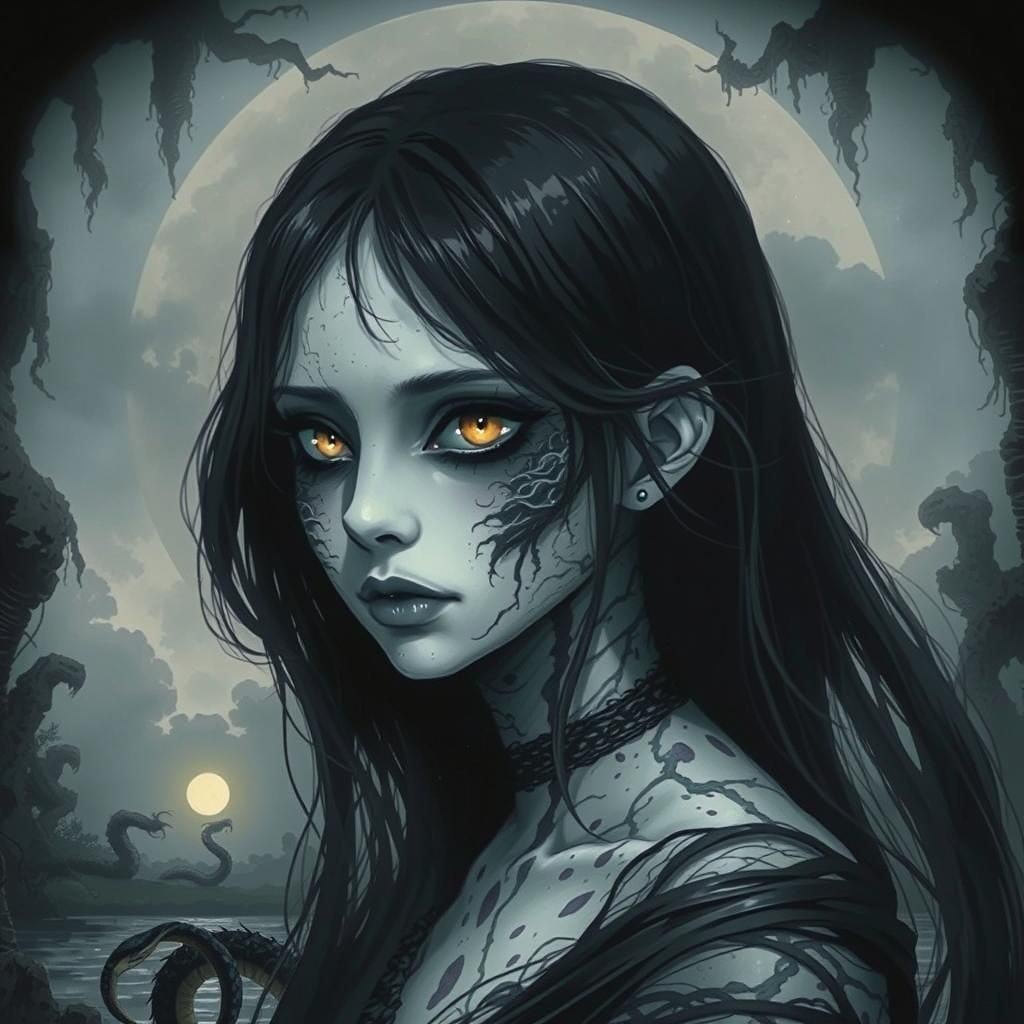 La Llorona Snake-Human Hybrid in Junji Ito Horror Manga Styl...