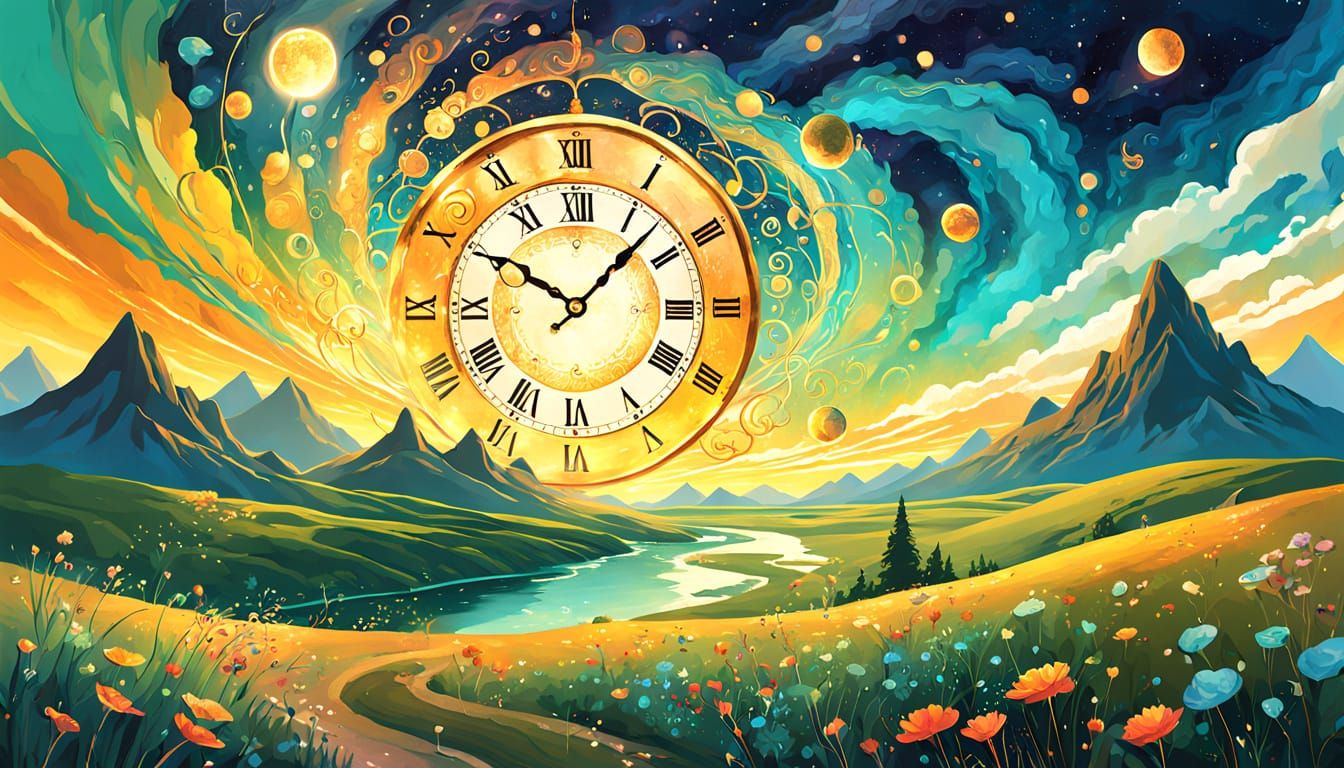 Ethereal Cosmic Landscape with Flowing Time