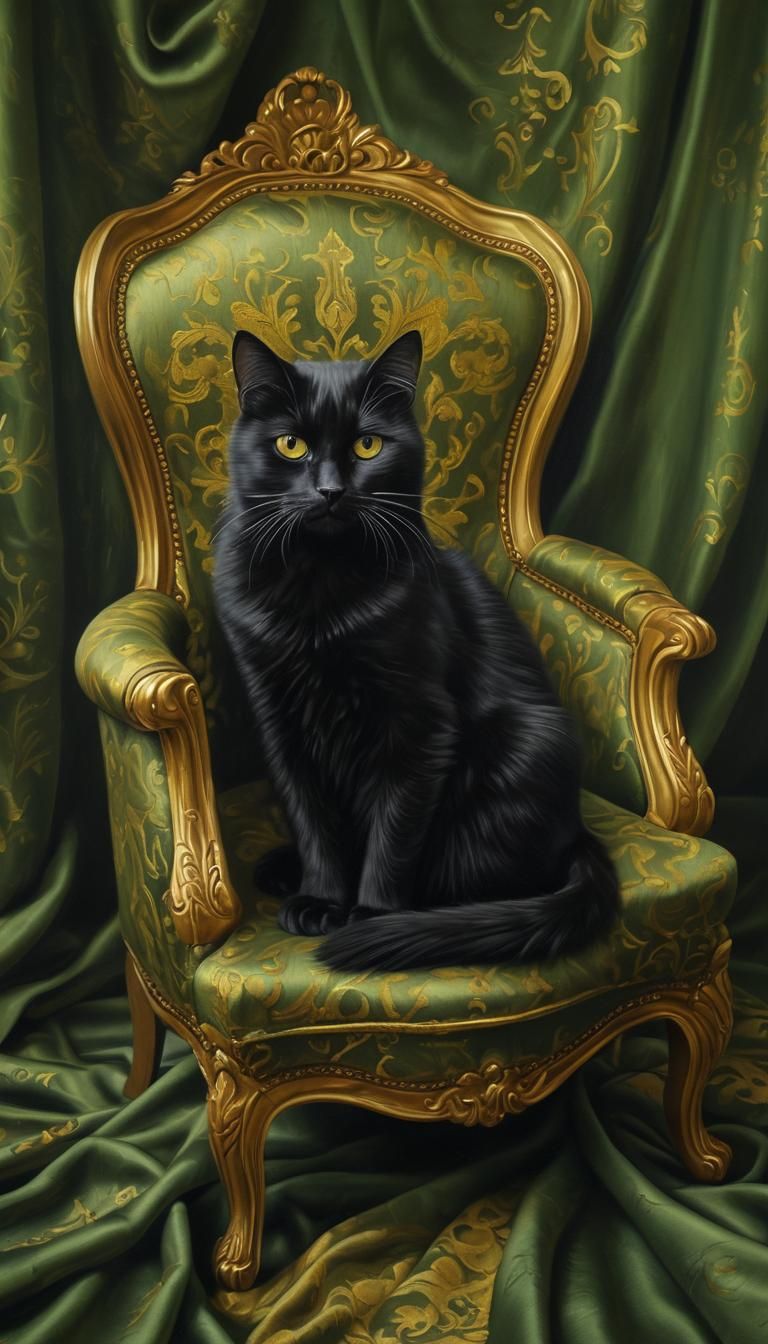 Black Cat on Silk Fauteuil, Branzino-Style Painting