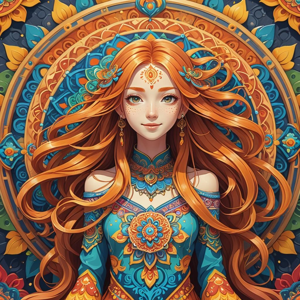 Colorful Mandala and Ginger Woman in Anime Style