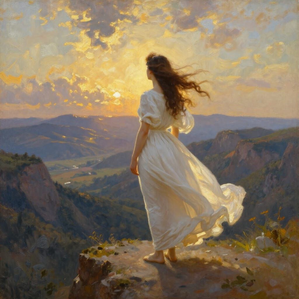 Woman on Cliff Overlooking Mountains at Golden Sunrise