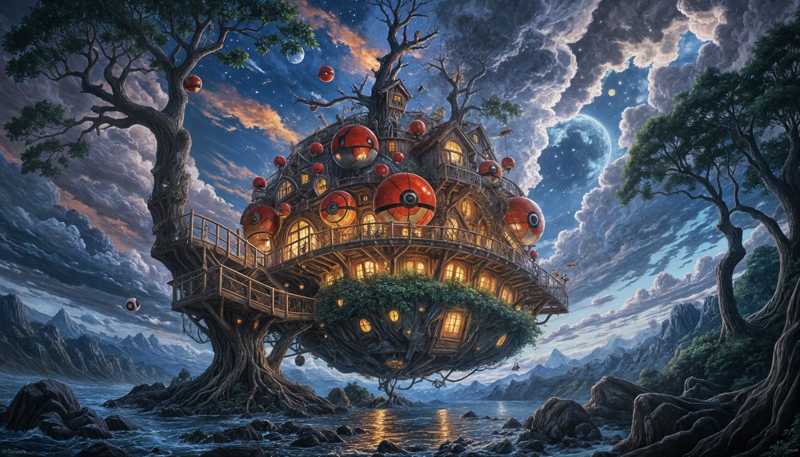 Pokeball Treehouse Seven Levels High Oil Painting