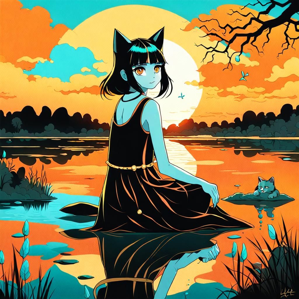 Cyan-Eyed Neko Girl in Graffiti Art Style