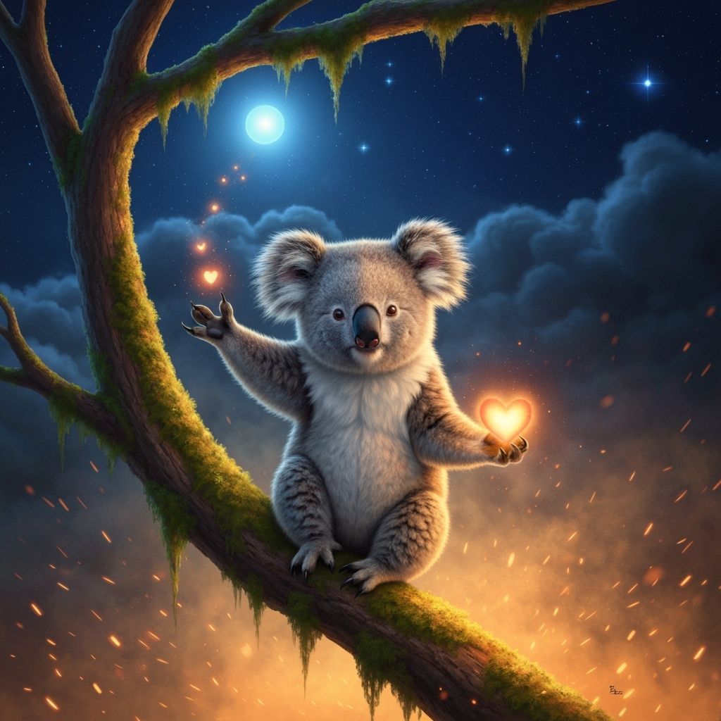 Fluffy Koala Bear with Glowing Heart in Figurative Art Style