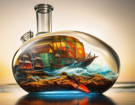 Hyperrealistic Ship-in-a-Bottle on a Beach