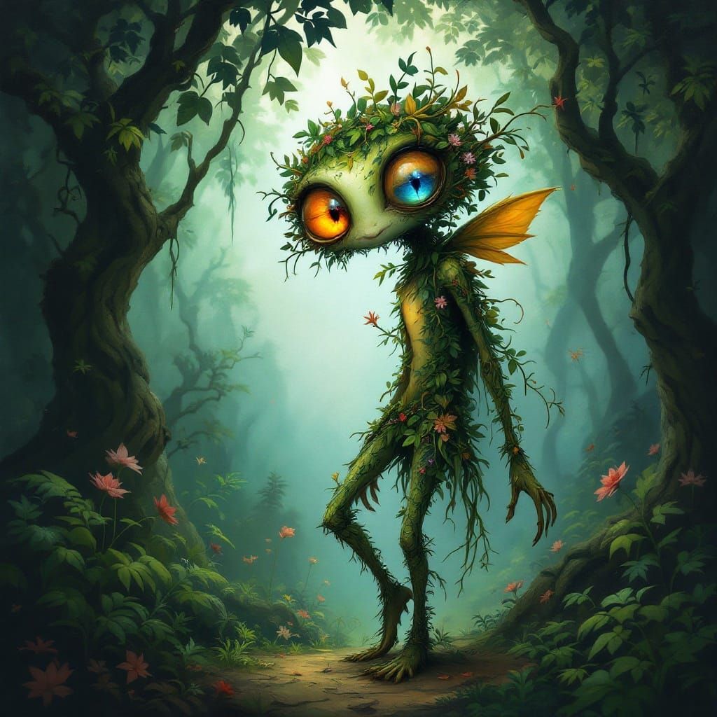 Dreamlike Woodland Creature in Muted Rainforest