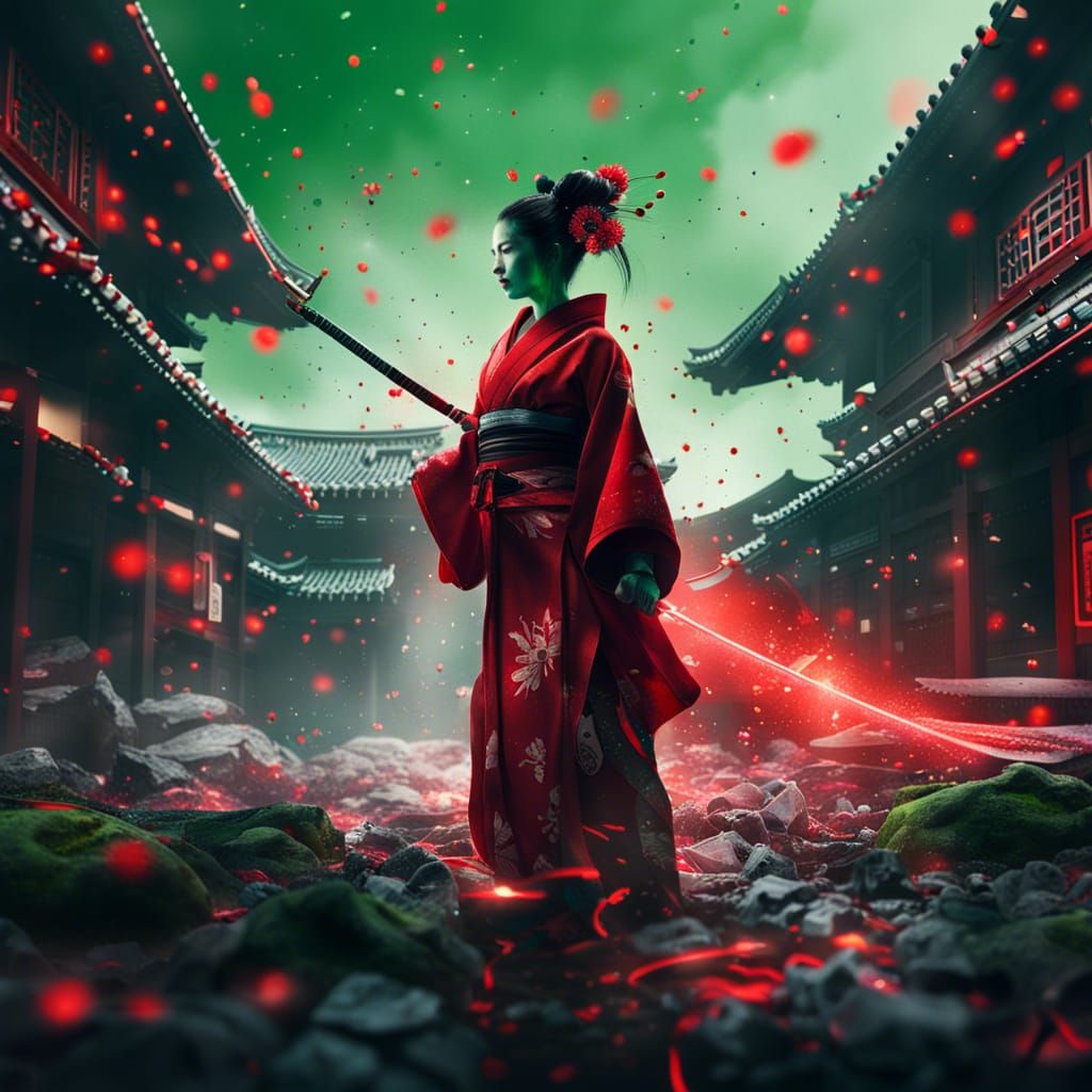 Geisha Cyborg with Samurai Sword in Sci-Fi Style
