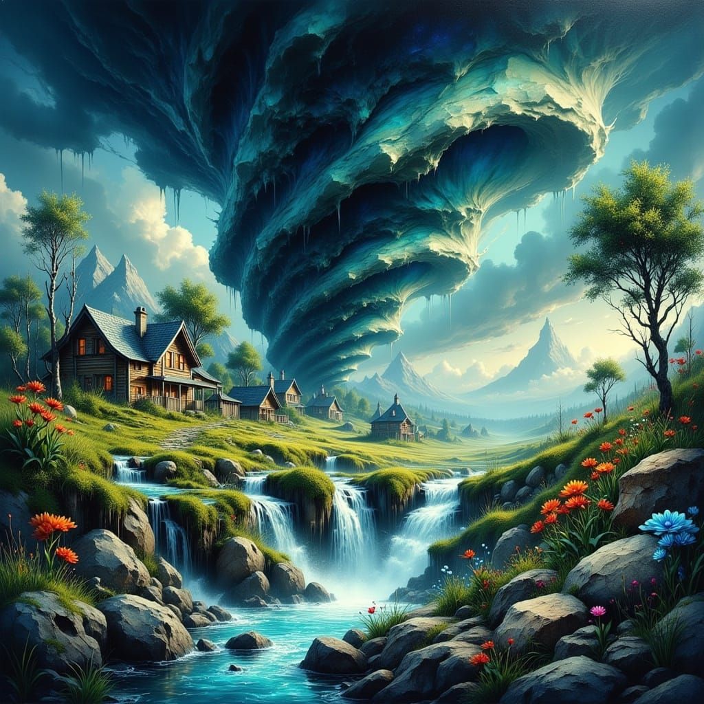Village Inside Tornado: Whimsical Dreamscape Waterfall