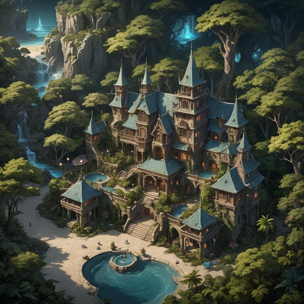 Beach-side Fantasy Mansion at Night, Detailed Matte Painting