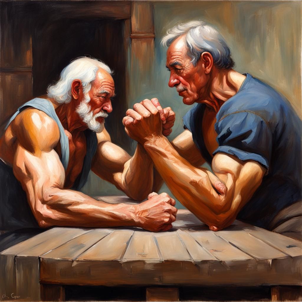 Weak Old Man Wins Arm Wrestling: Oil Painting
