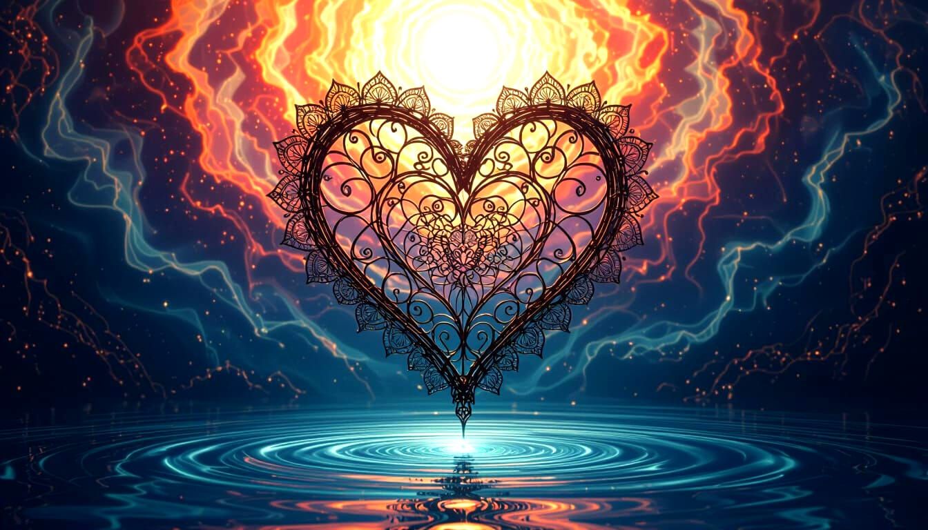 Metal and Lace Heart Above Water in Maximalist Style