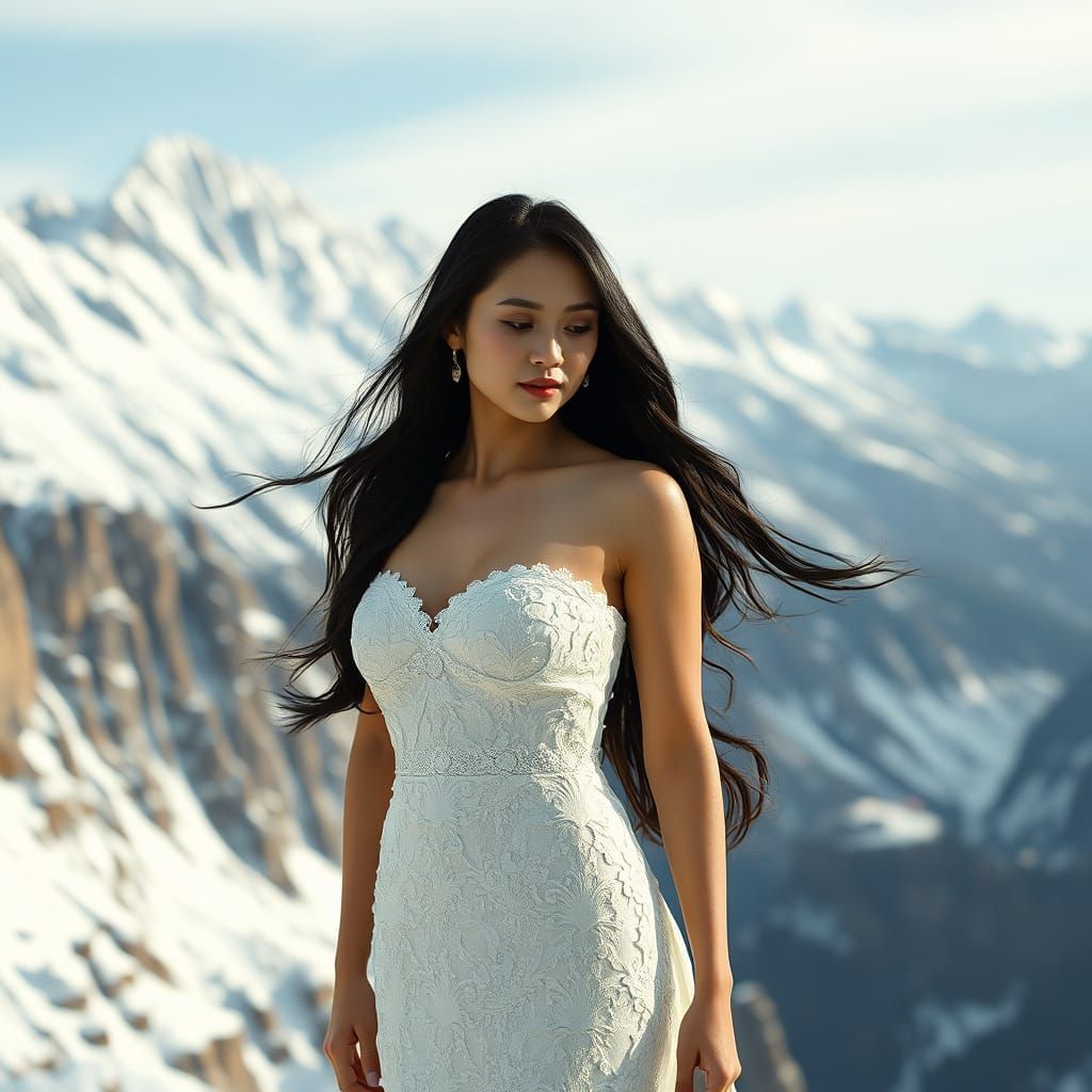 Elegant Asian Bride on Snow Cliff in Art Deco Style