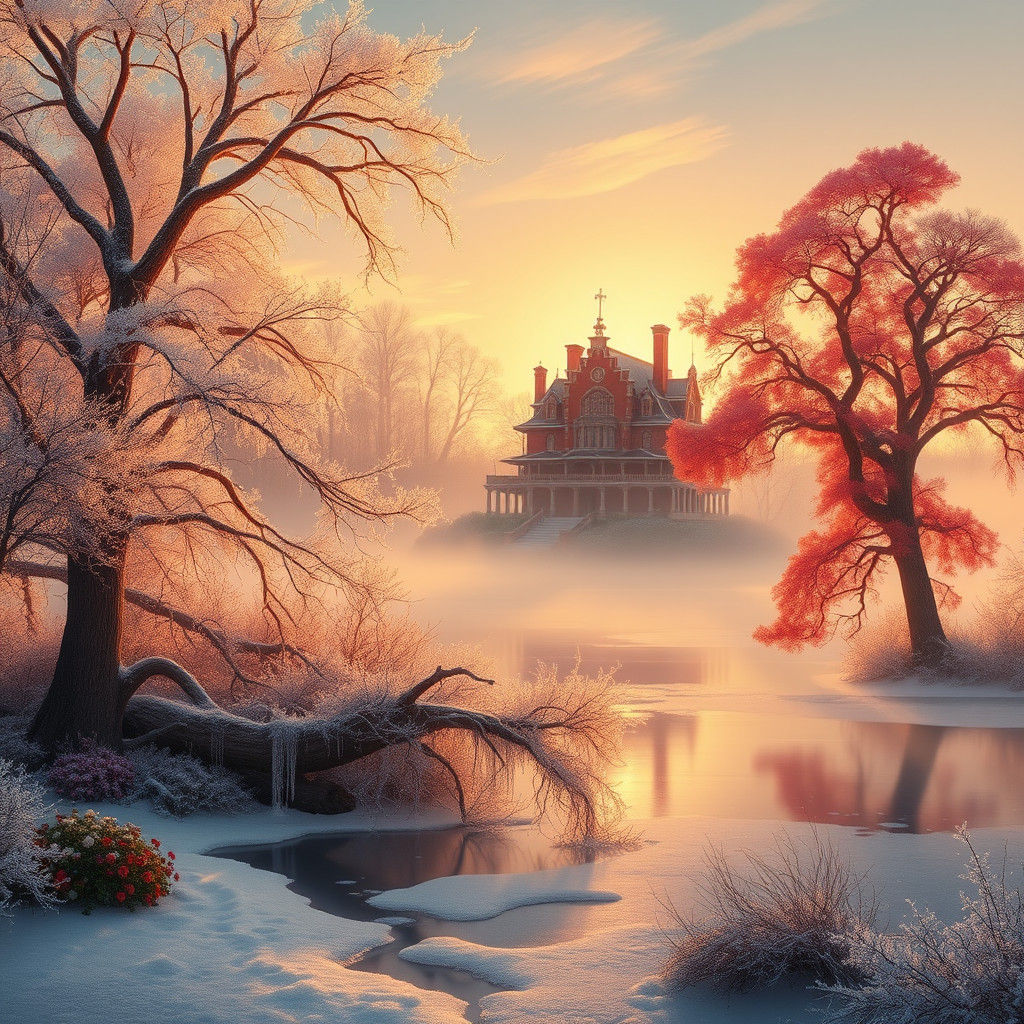 Mystical Frozen Lake House in Golden Light