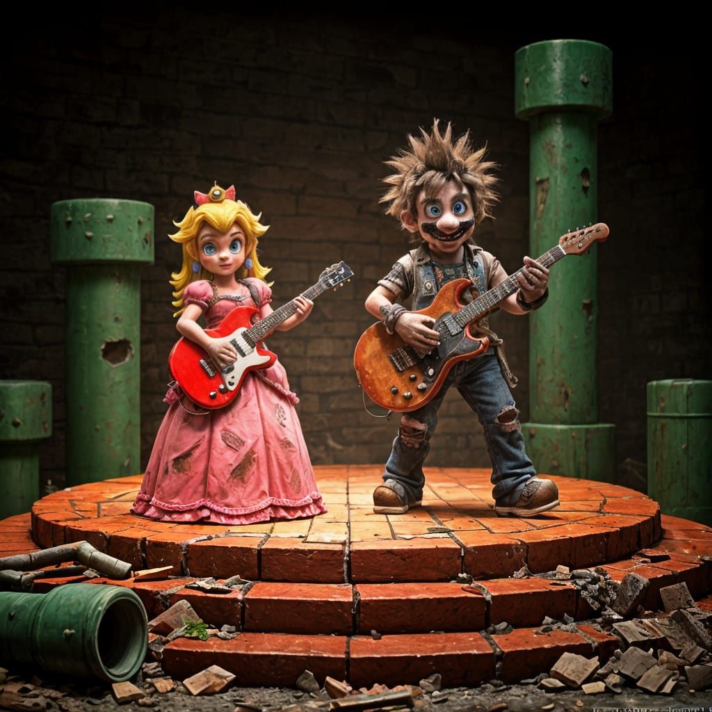 Mario and Princess Peach as Zombie Rockstars in a Punk-Inspi...