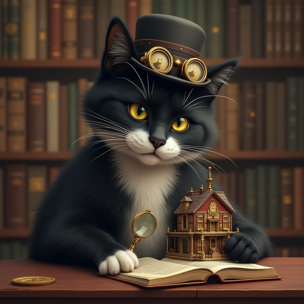 Steampunk Cat Examines Miniature Clockwork Village