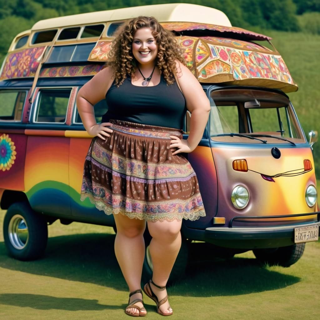 Attractive Curvy Woman in 60s Hippie Fashion