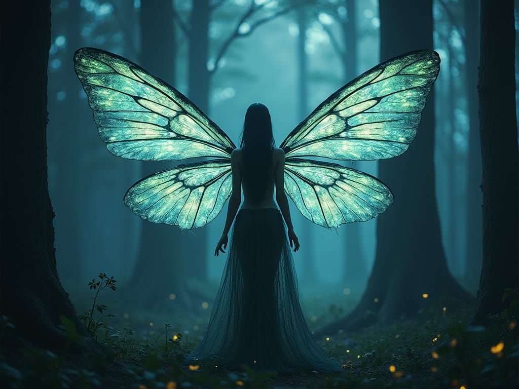 Ethereal Dark Fairy in Bioluminescent Forest, Art Nouveau