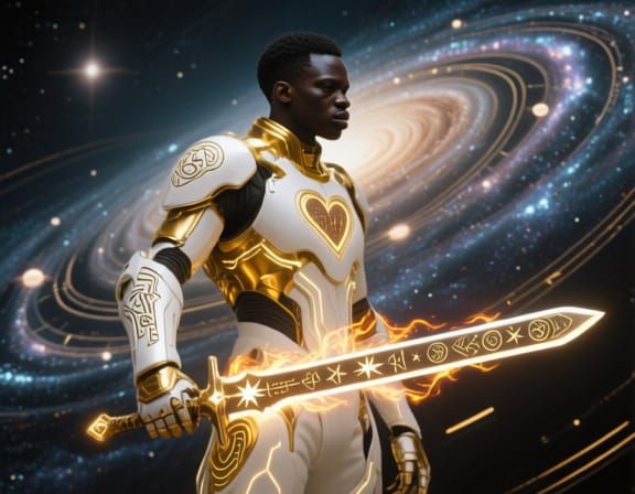 Afrofuturist Warrior in Galactic Armor with Cosmic Sword