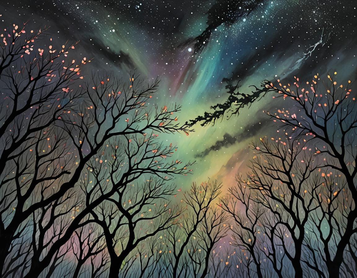 Spring Aurora Landscape in Impasto Gouache Style