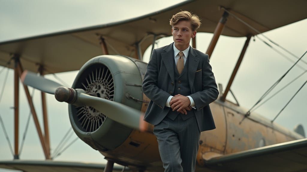 Young Actor on Biplane Wing in Photorealistic Style