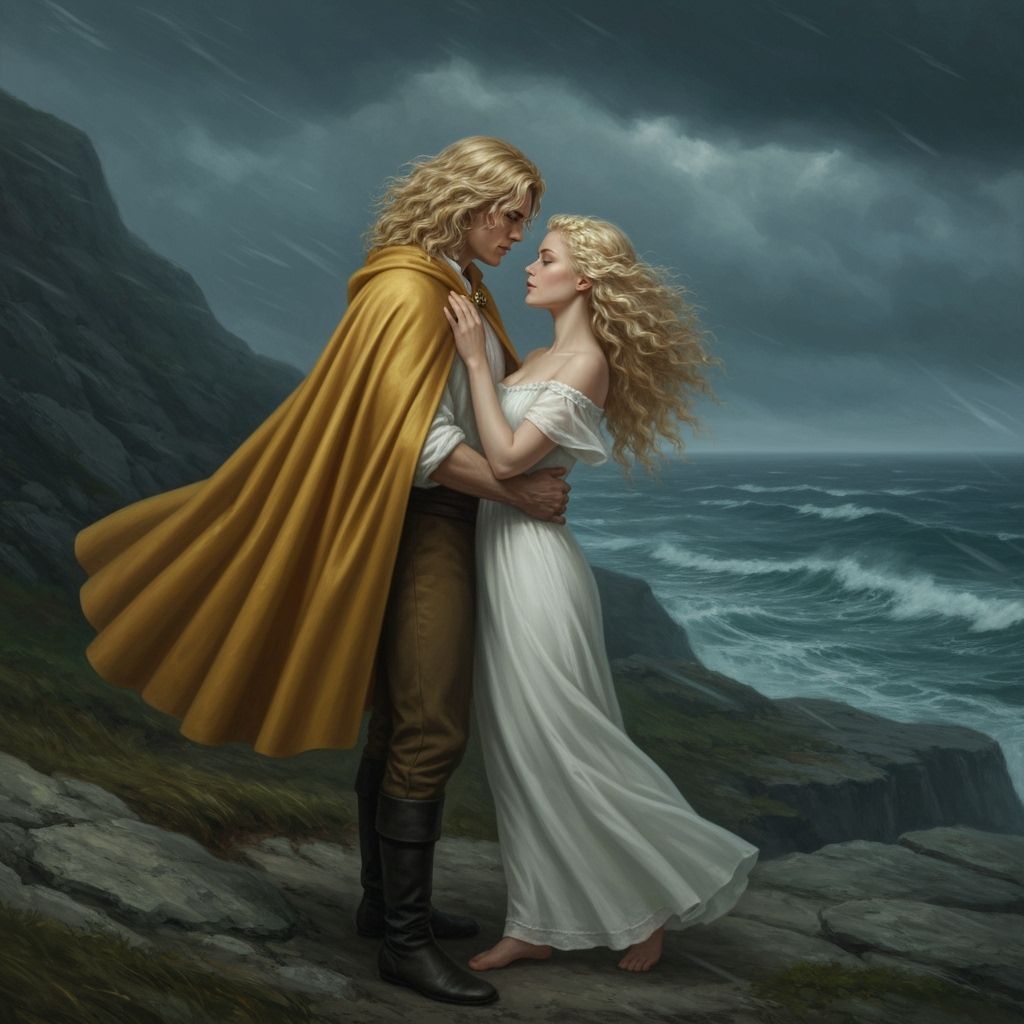 Couple Embracing on Windswept Cliff Overlooking Stormy Sea