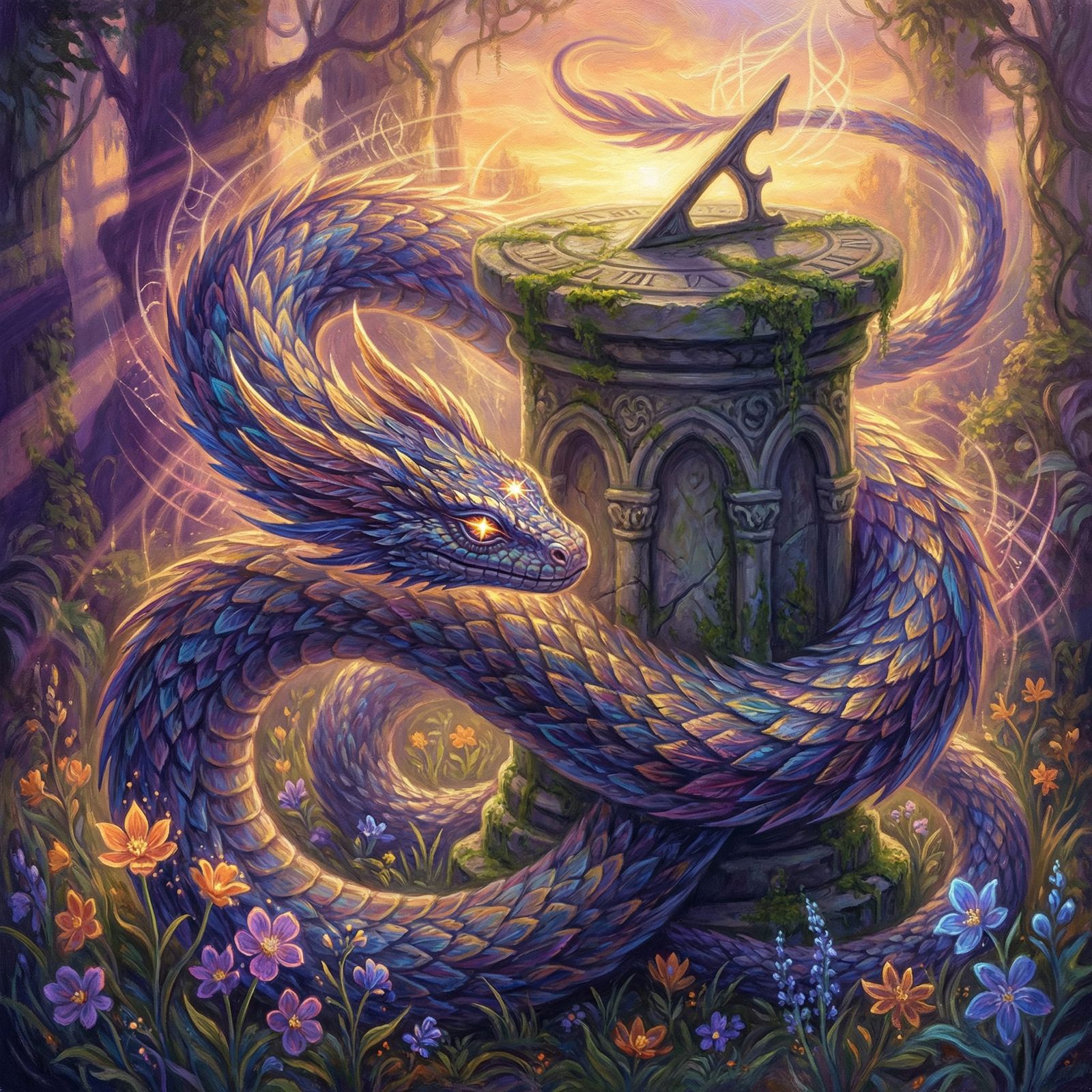 Feathered Serpent Coils Around Sundial in Ethereal Garden