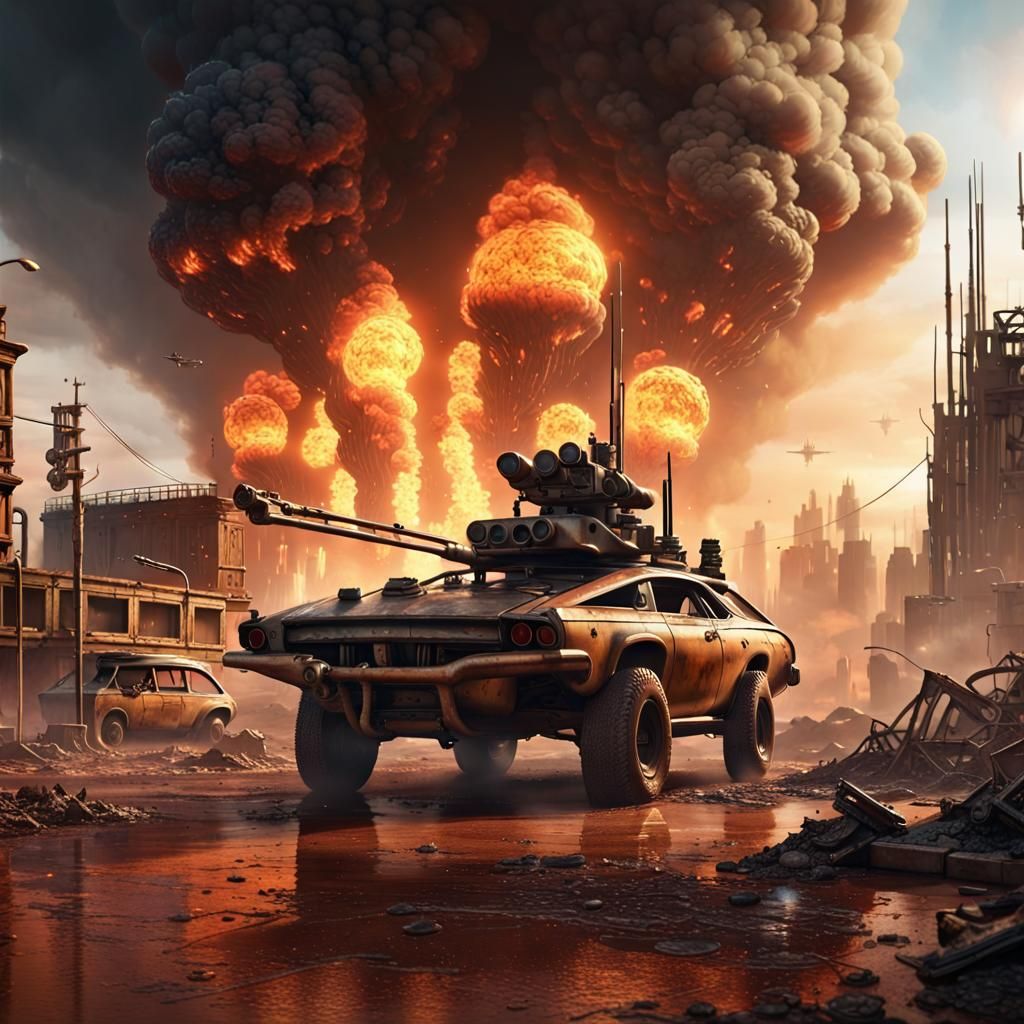 Dystopian Cityscape in Mad Max Style with Aliens