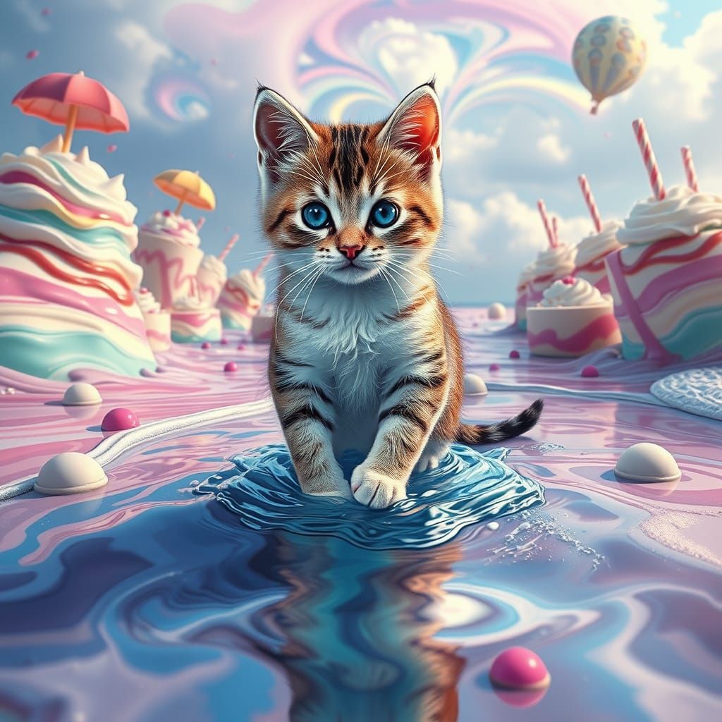 Surreal Beach Scene with Water Kitten Stepping into Swirly D...