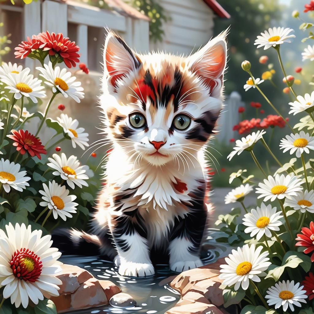 Idyllic Countryside Scene with Kitten and Flowers