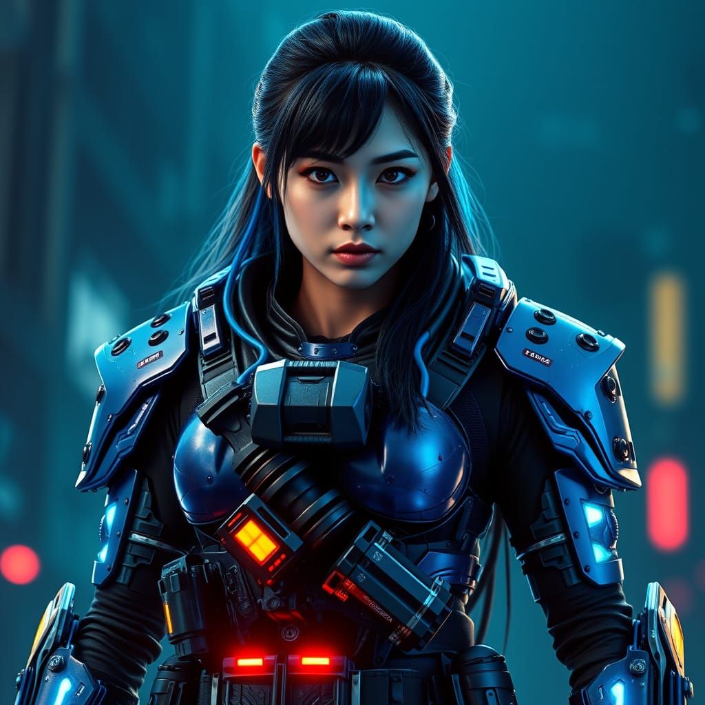 Cyberpunk Chinese Superheroine in High-Tech Armor