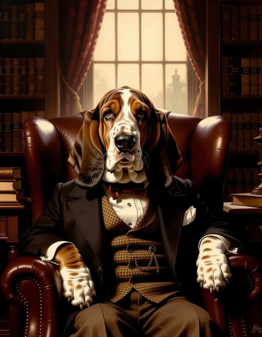 Basset Hound in Study, Realistic Oil Painting Style