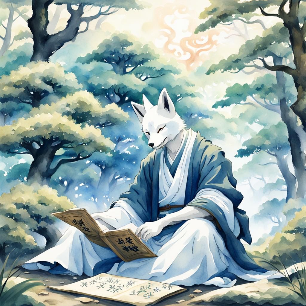 Kitsune Monk Reading in Forest, Watercolor Style