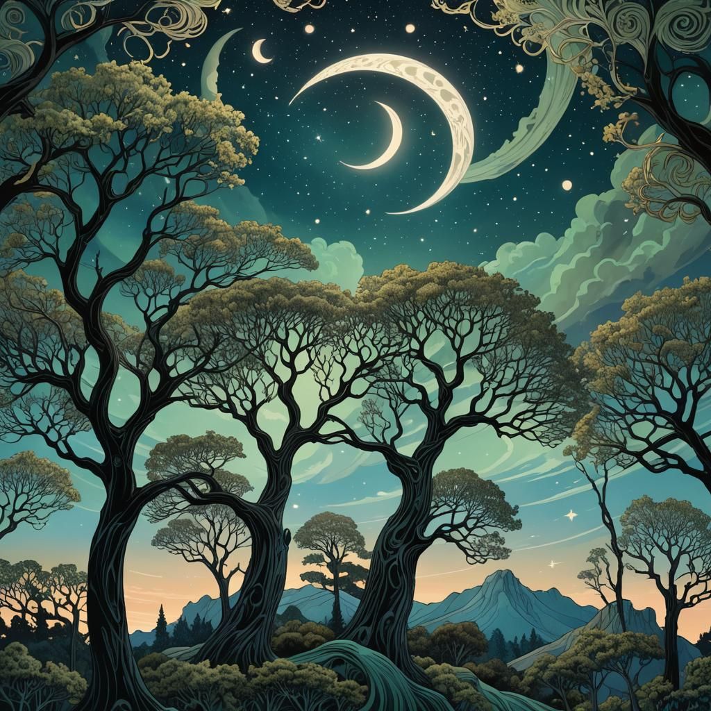 Surreal Zaffre Night Sky in Art Nouveau Style