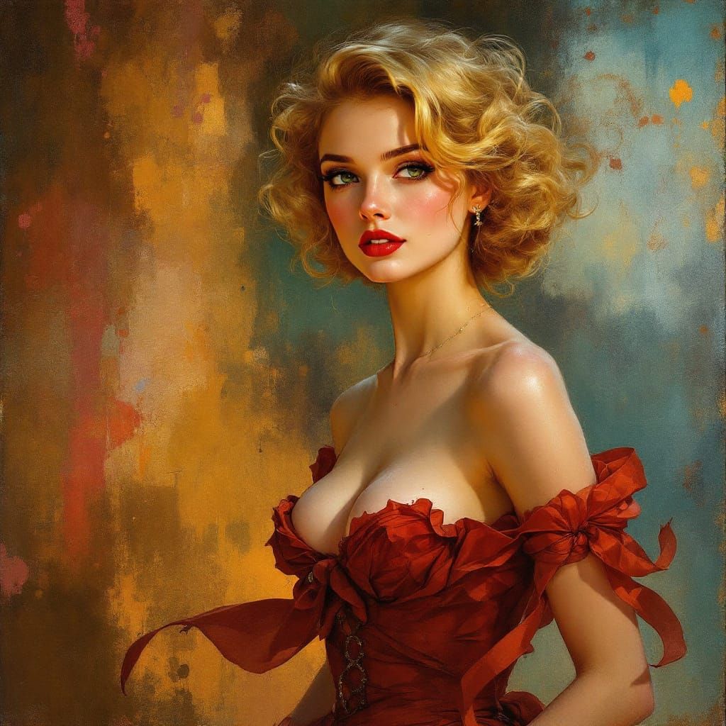 1950s Pin-Up Woman in Tonalist Oil Painting Style