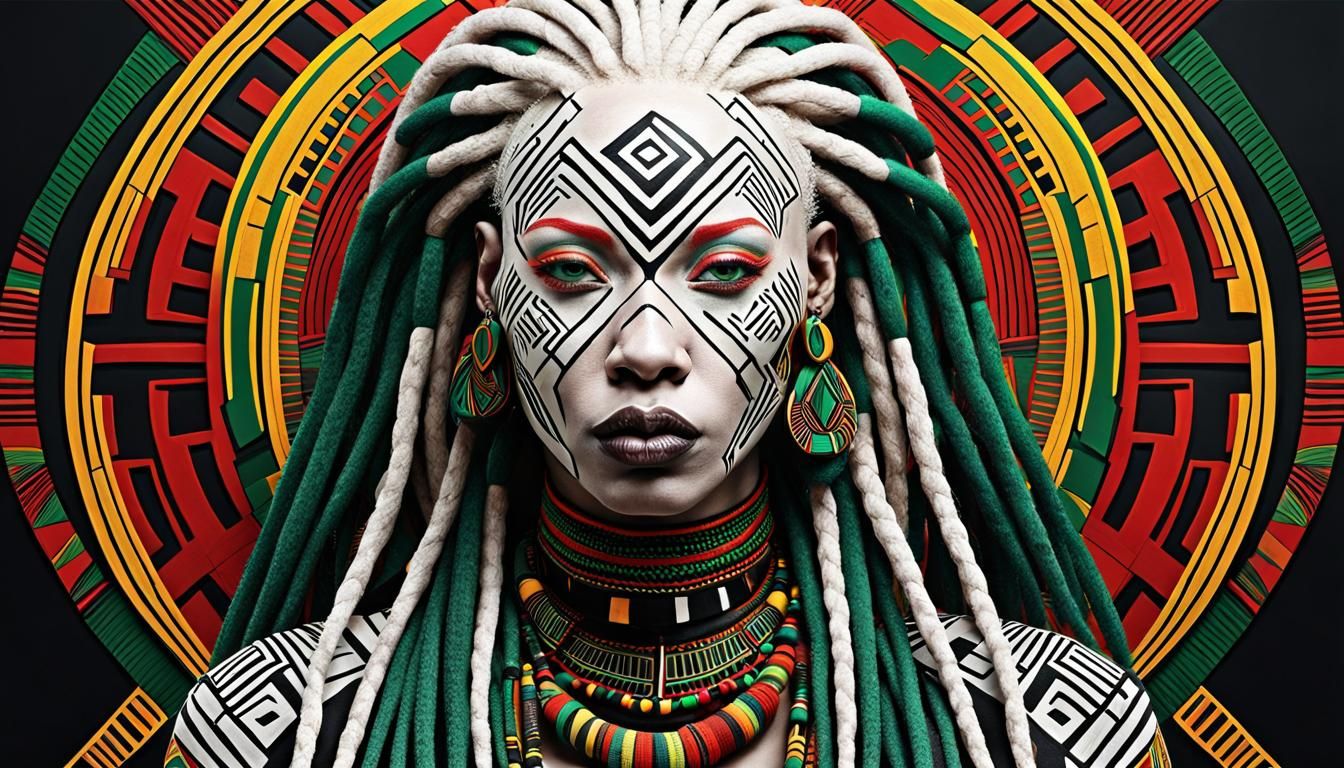 Alluring Albino Lady in Afrofuturist Aztec Art